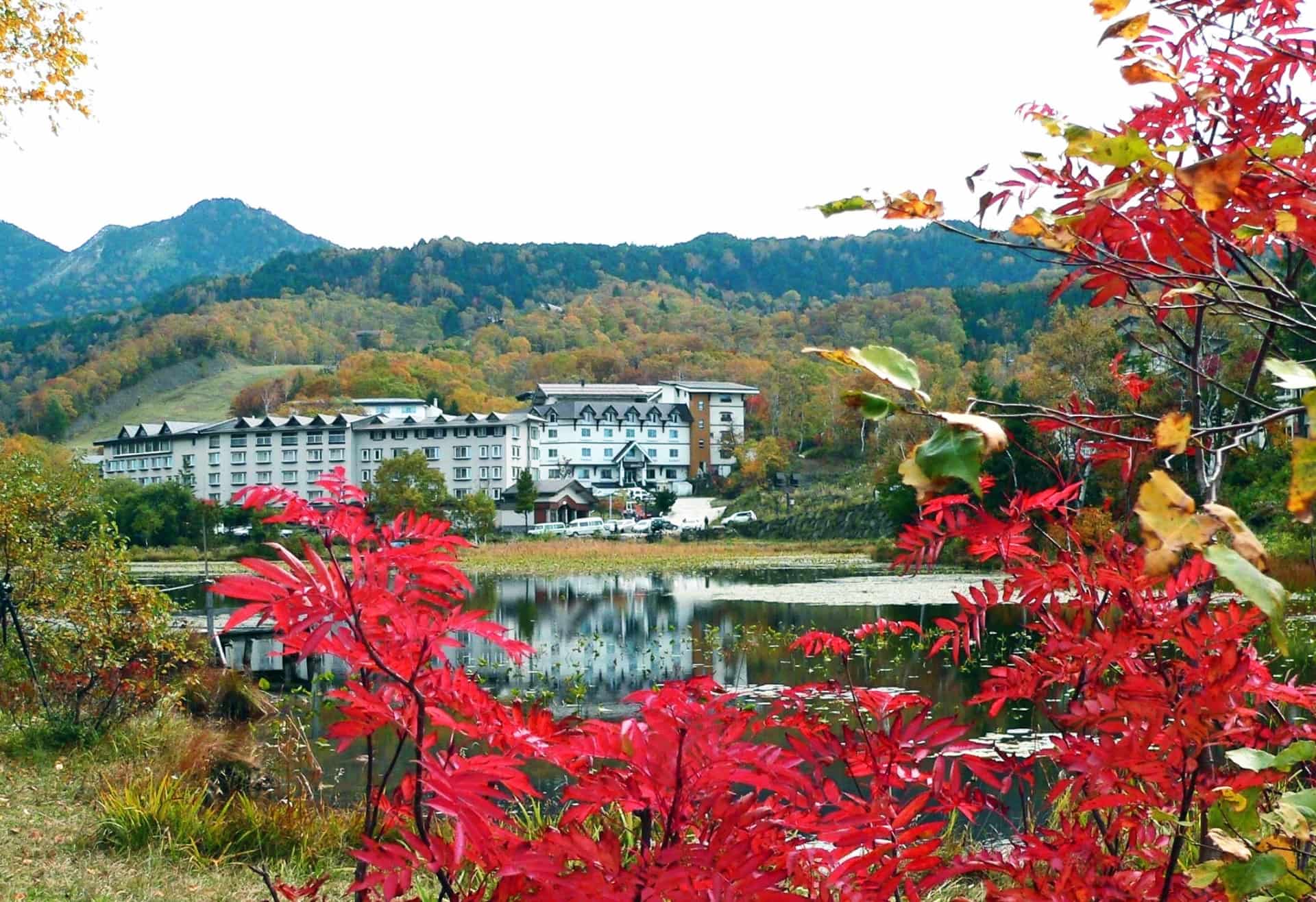 紅葉の中にあるリゾートホテル
